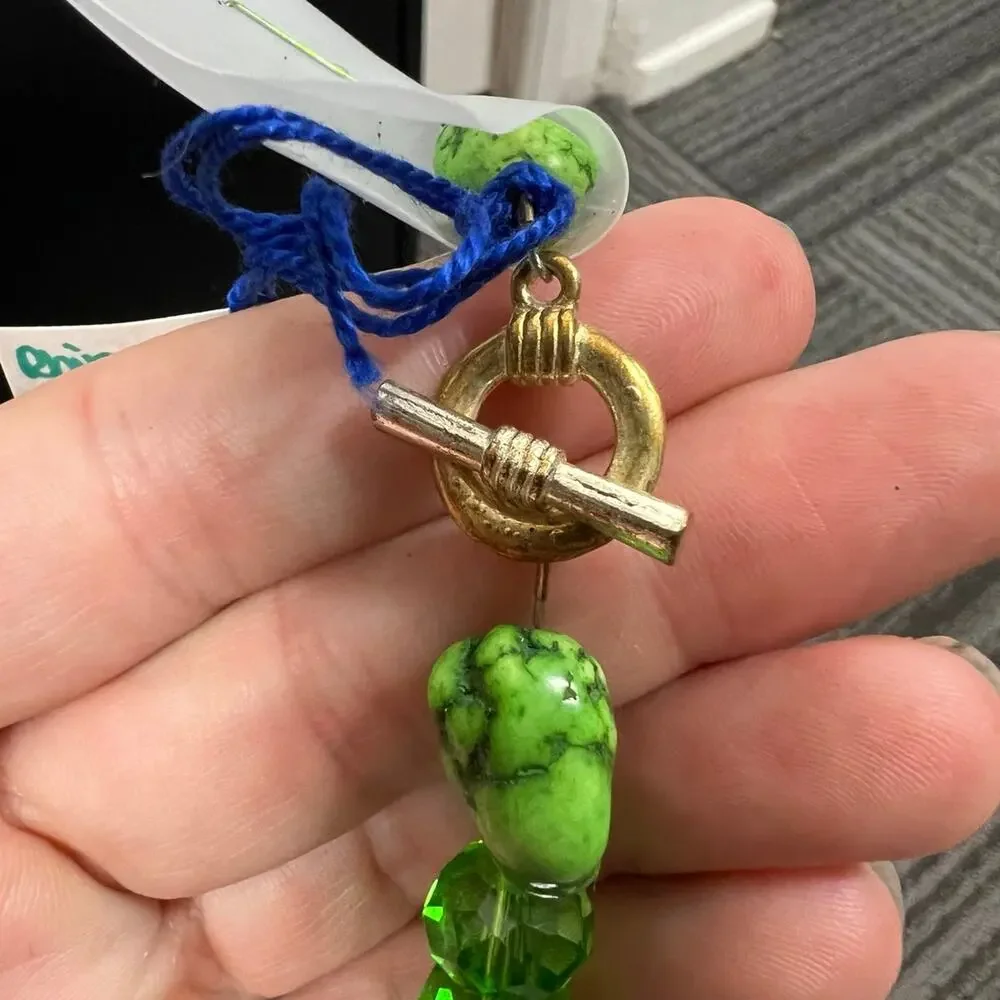 Handmade Green Zebra Beaded Necklace Rhinestone Magnetic Key Pendant OOAK 14”